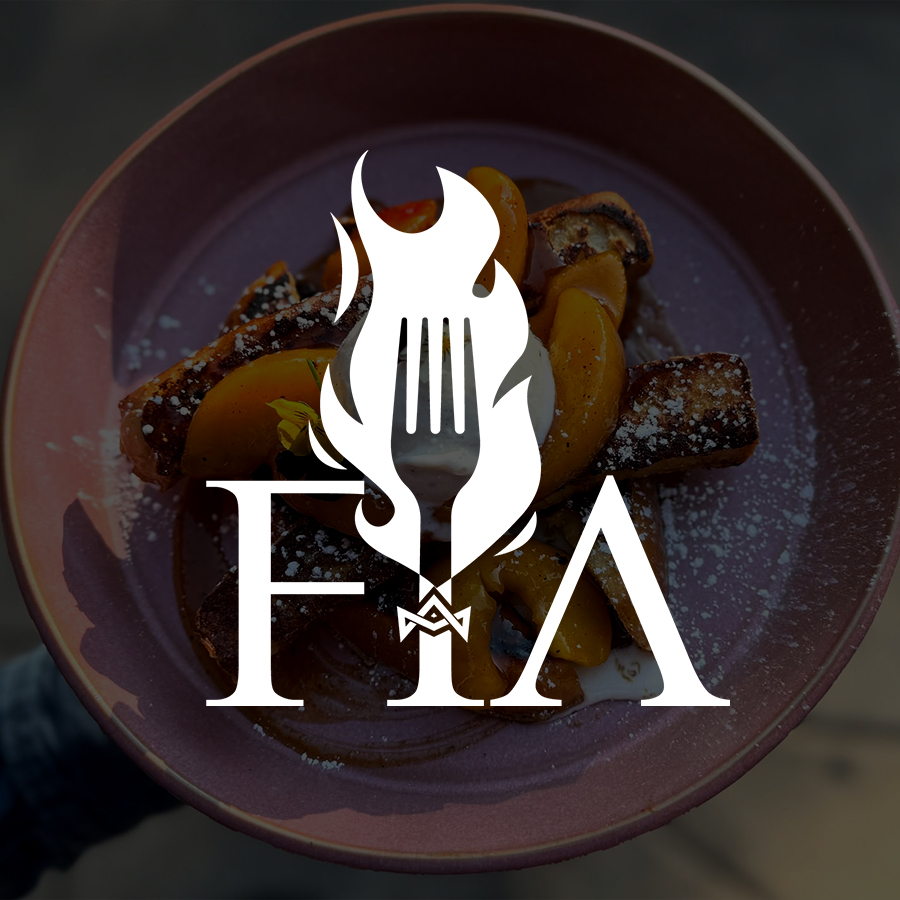 Plate of grilled peaches and bread topped with powdered sugar served on a purple plate with FIA logo overlay.