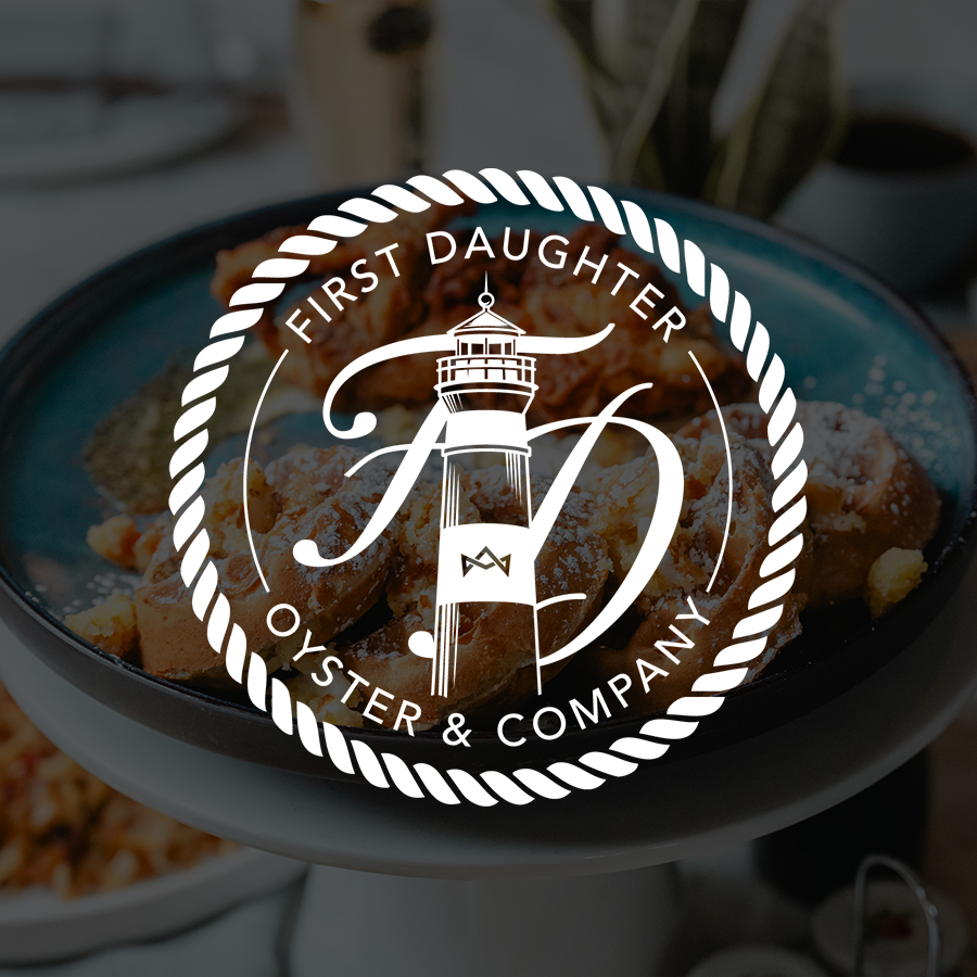 Plate of powdered sugar-dusted crullers on a raised stand with First Daughter Oyster & Company logo overlay.