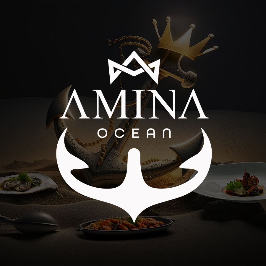 Amina Ocean logo with a stylized anchor and crown over a dark background featuring gourmet seafood dishes.