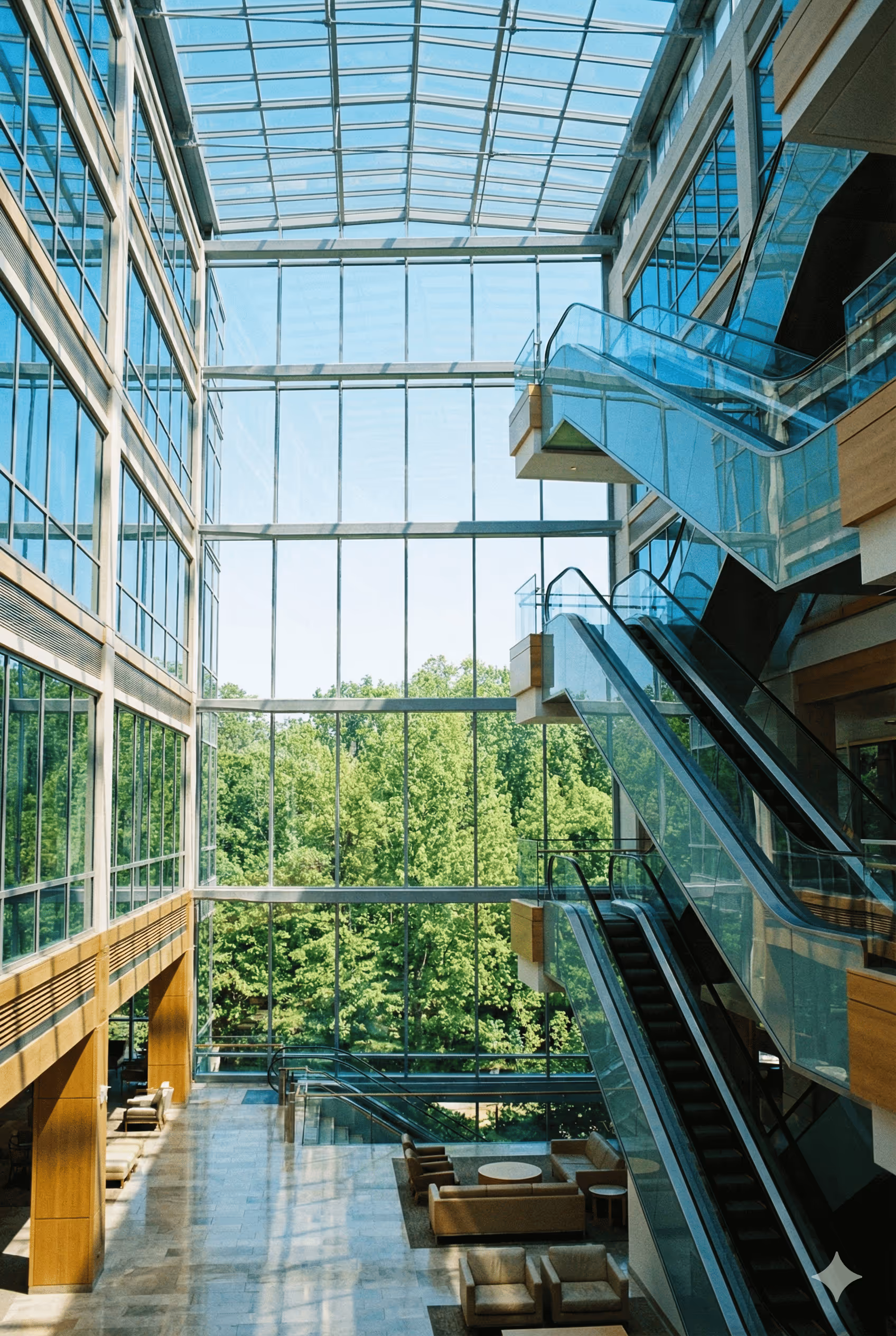 Modern indoor atrium with large floor-to-ceiling glass windows overlooking green trees, escalators, and seating areas with beige sofas and chairs.