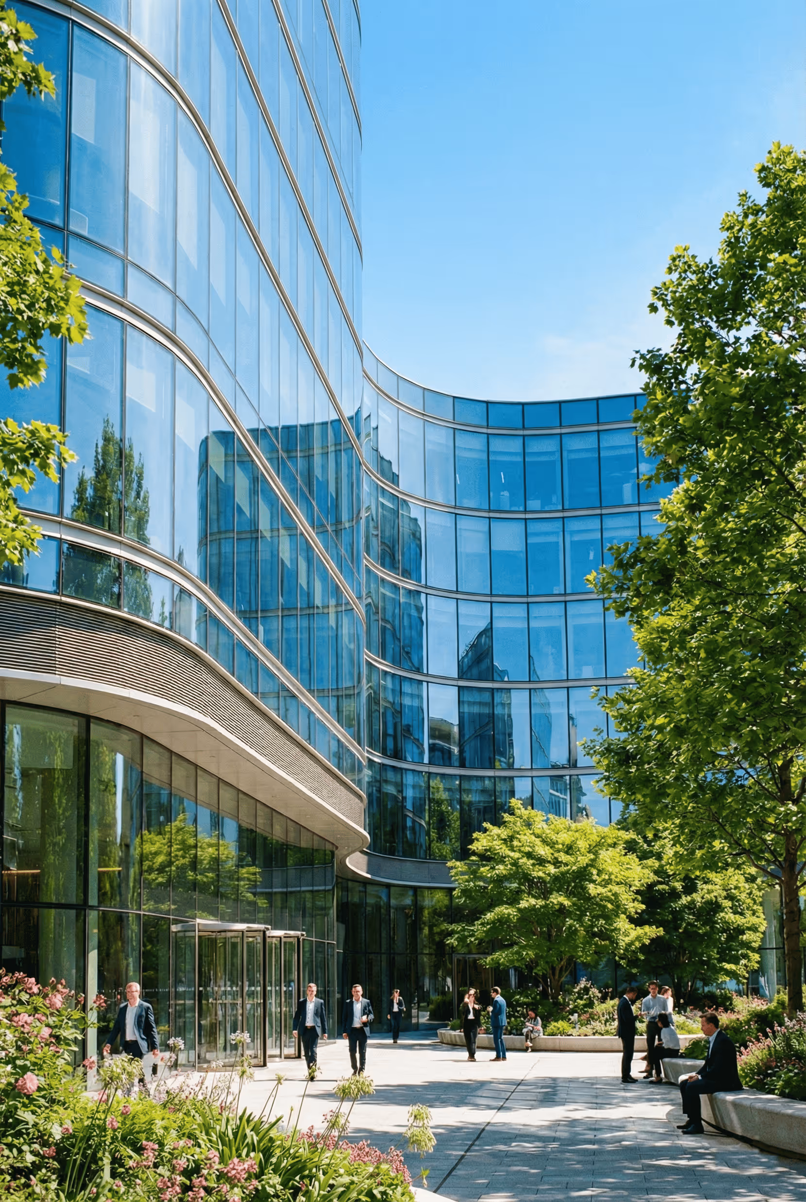 Modern glass office building with landscaped plaza where people in business attire walk and sit under green trees on a sunny day.