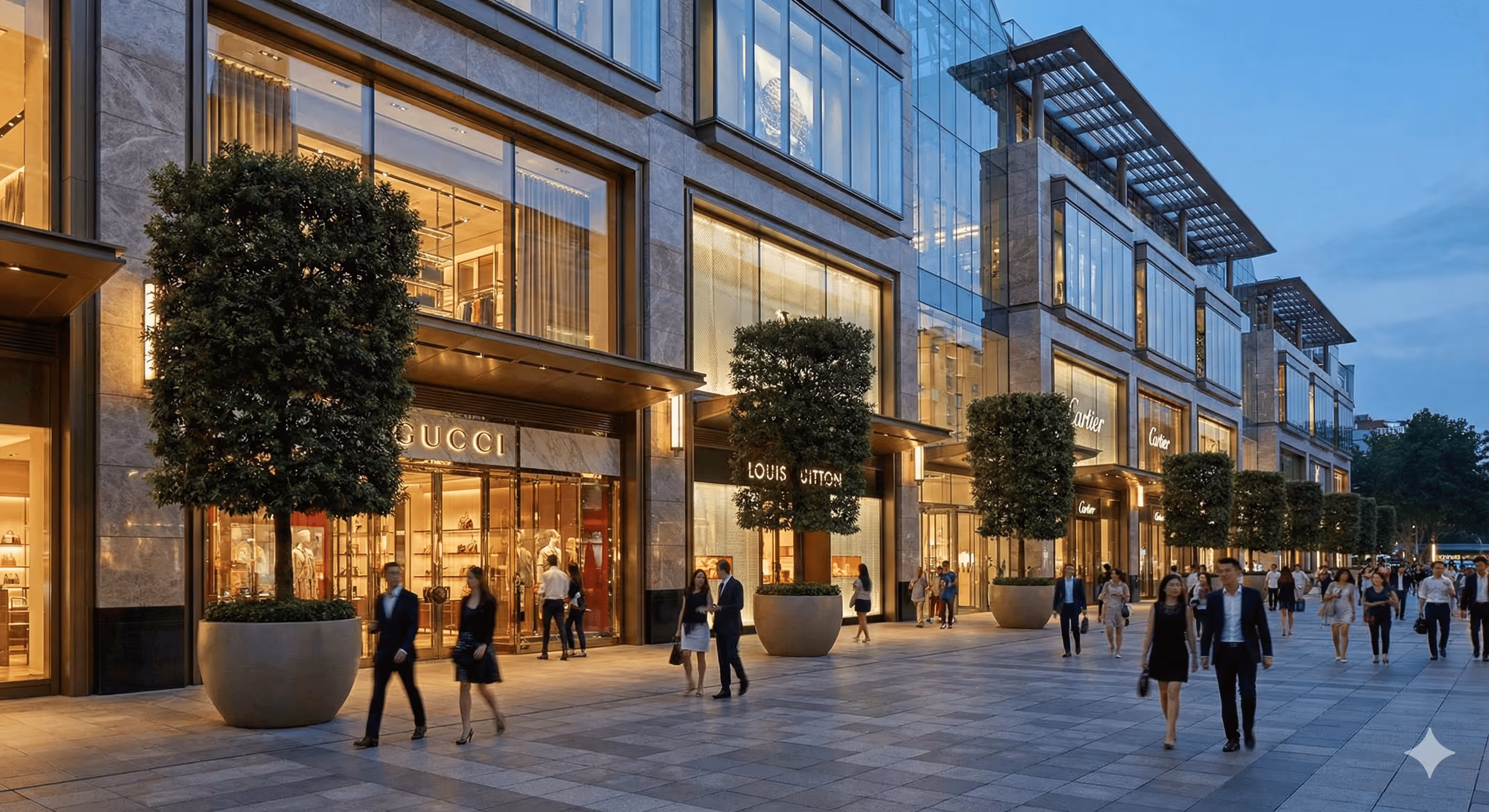 Evening view of a luxury shopping street with illuminated Gucci, Louis Vuitton, and Cartier stores and people walking along the wide paved sidewalk.