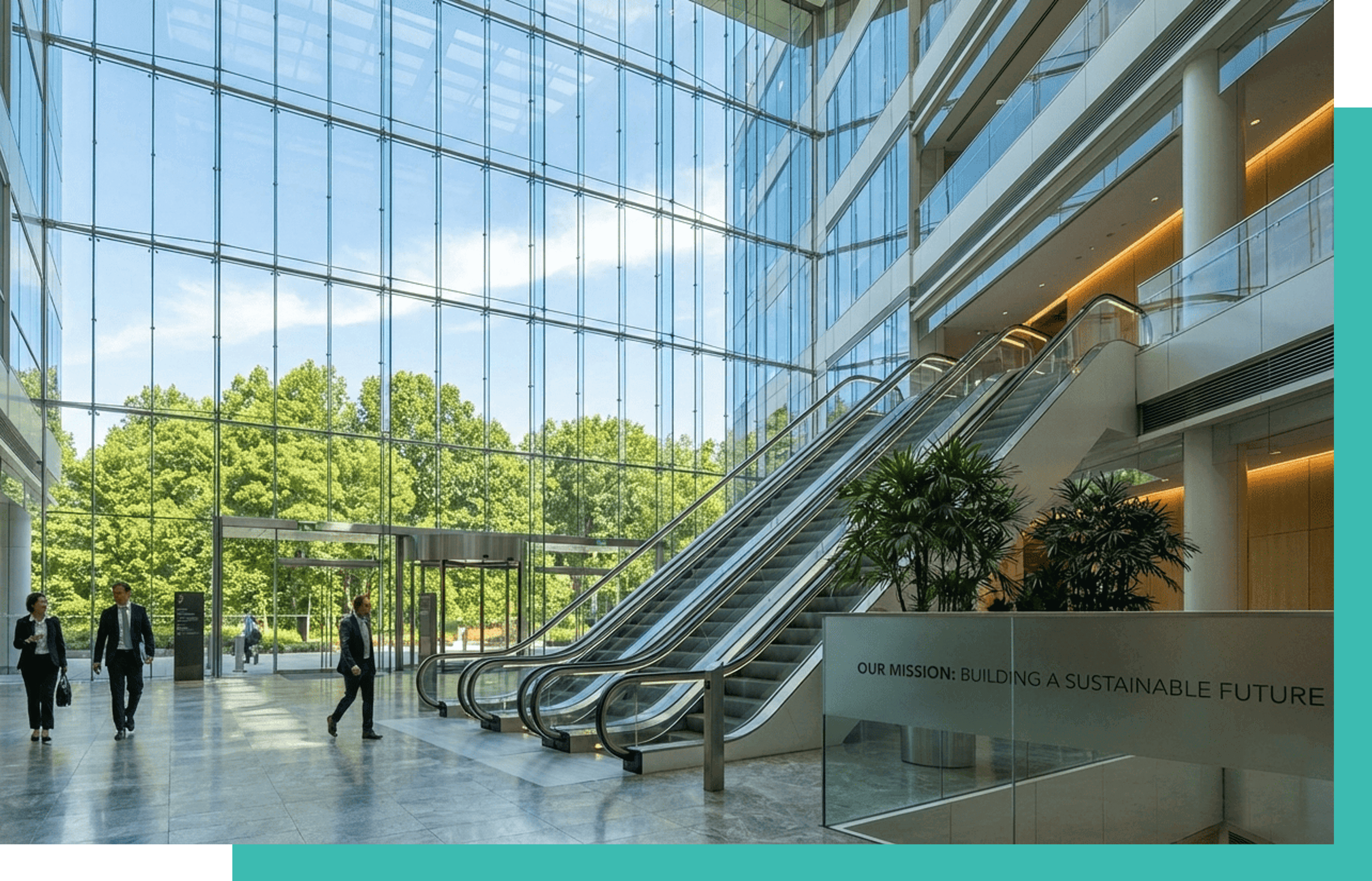 Modern office lobby with large glass walls, escalators, green plants, and three business people walking inside.