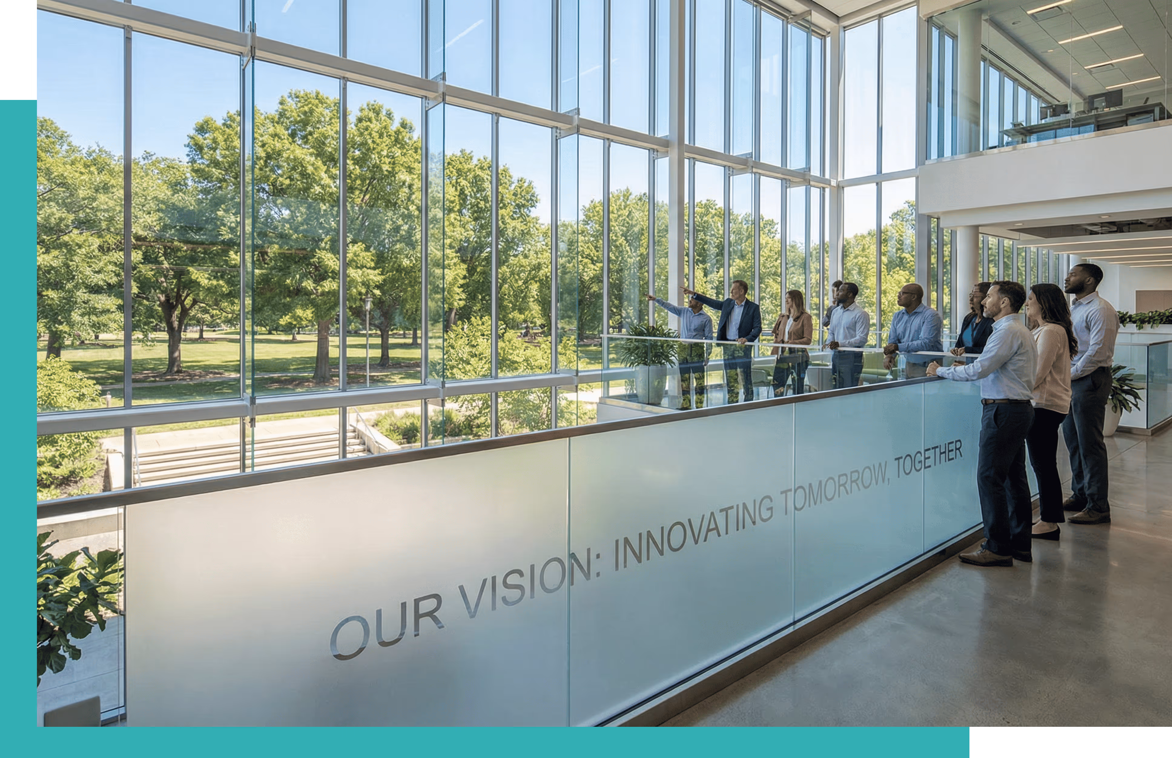 A diverse group of business people stands by a glass railing in a modern building with large windows, overlooking green trees and a park; the glass panel features the text 'OUR VISION: INNOVATING TOMORROW, TOGETHER'.