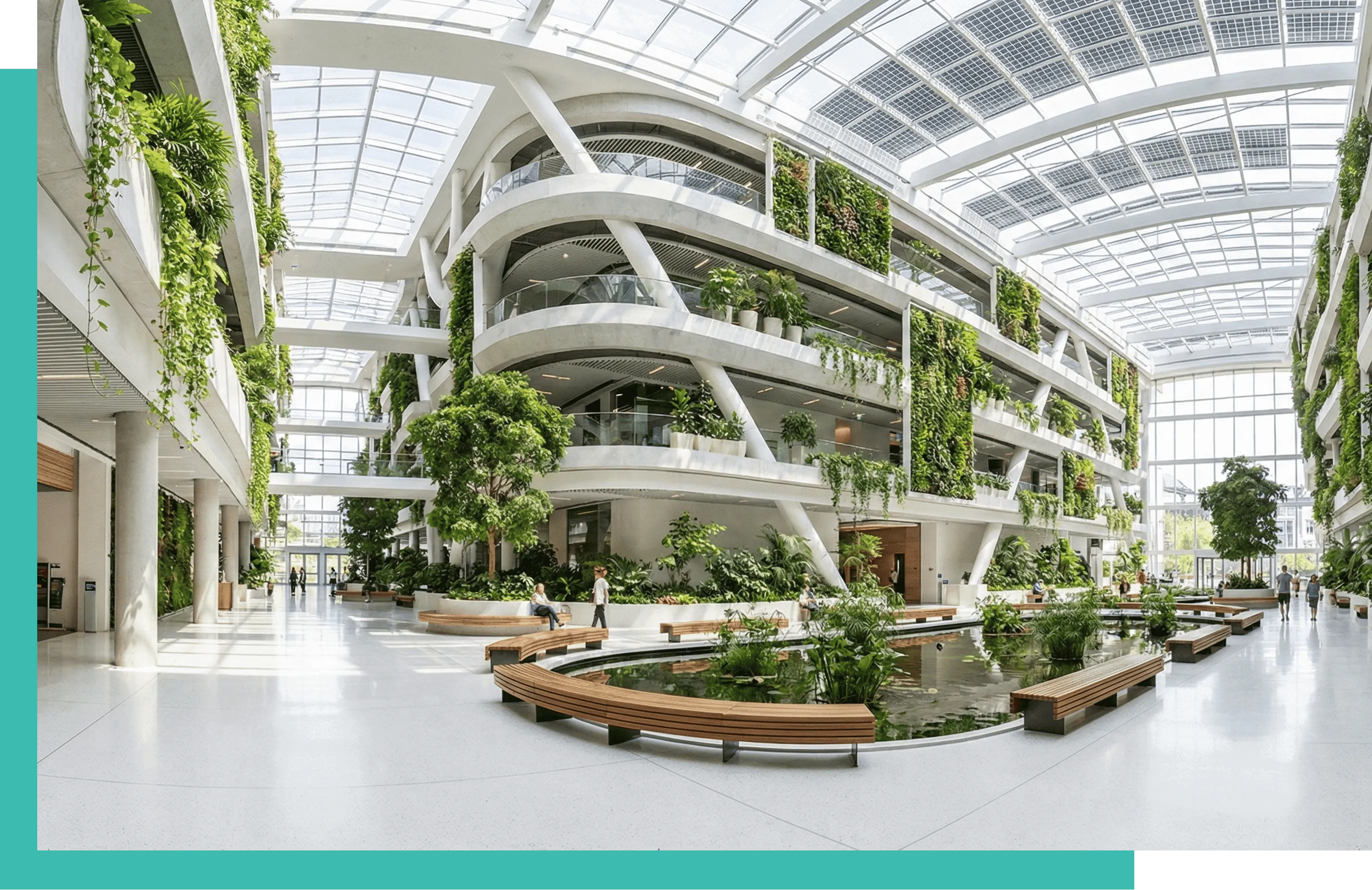 Spacious modern atrium with curved balconies, abundant green plants, vertical gardens, water feature, and wooden benches under a large glass roof.