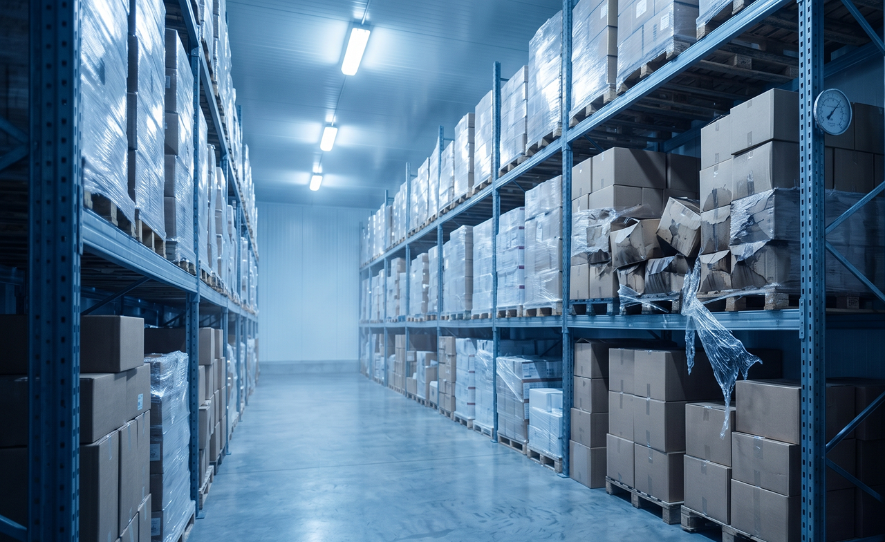Cold storage warehouse aisle with metal racks holding palletized, shrink-wrapped cardboard boxes.