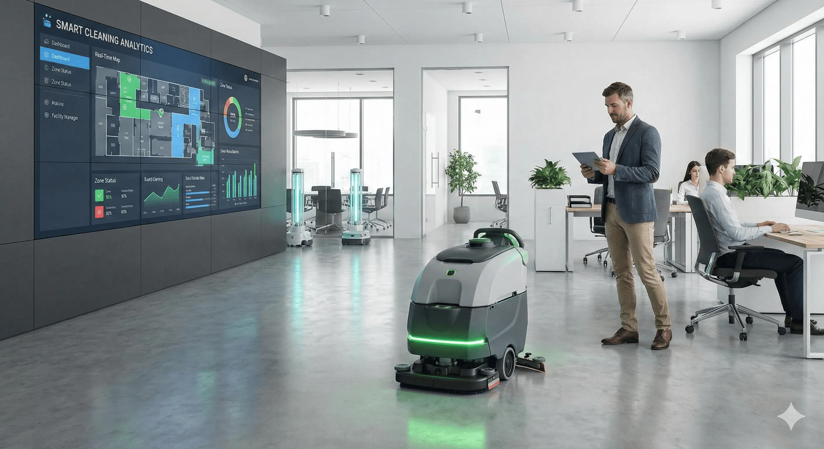 Office with autonomous floor-cleaning robot and man using a tablet next to large smart cleaning analytics screen.