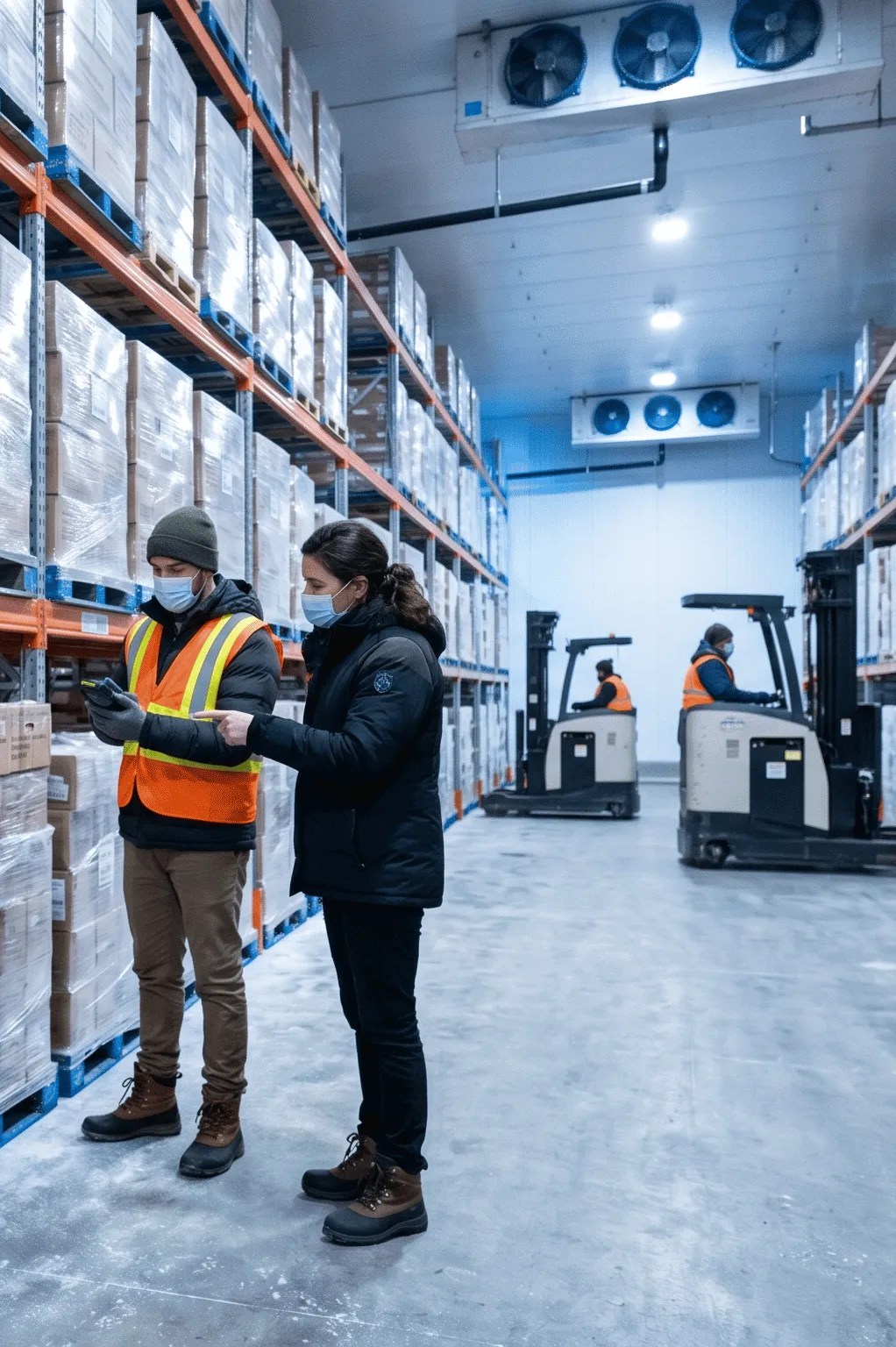 Two workers in masks checking inventory in cold storage while two others operate forklifts in the background.