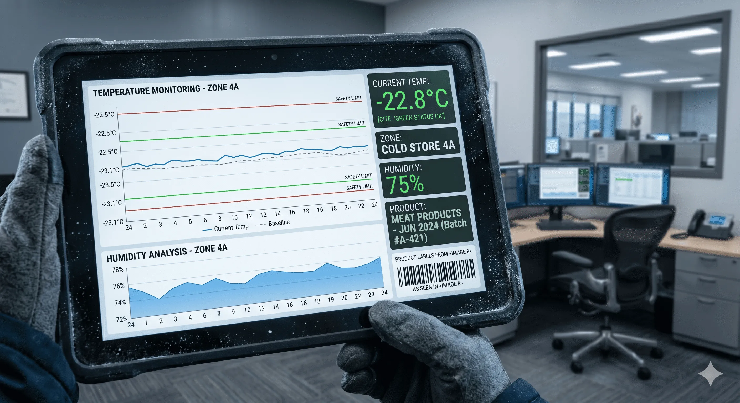 Tablet displays cold storage data showing temperature -22.8°C, 75% humidity, and meat products info in office.