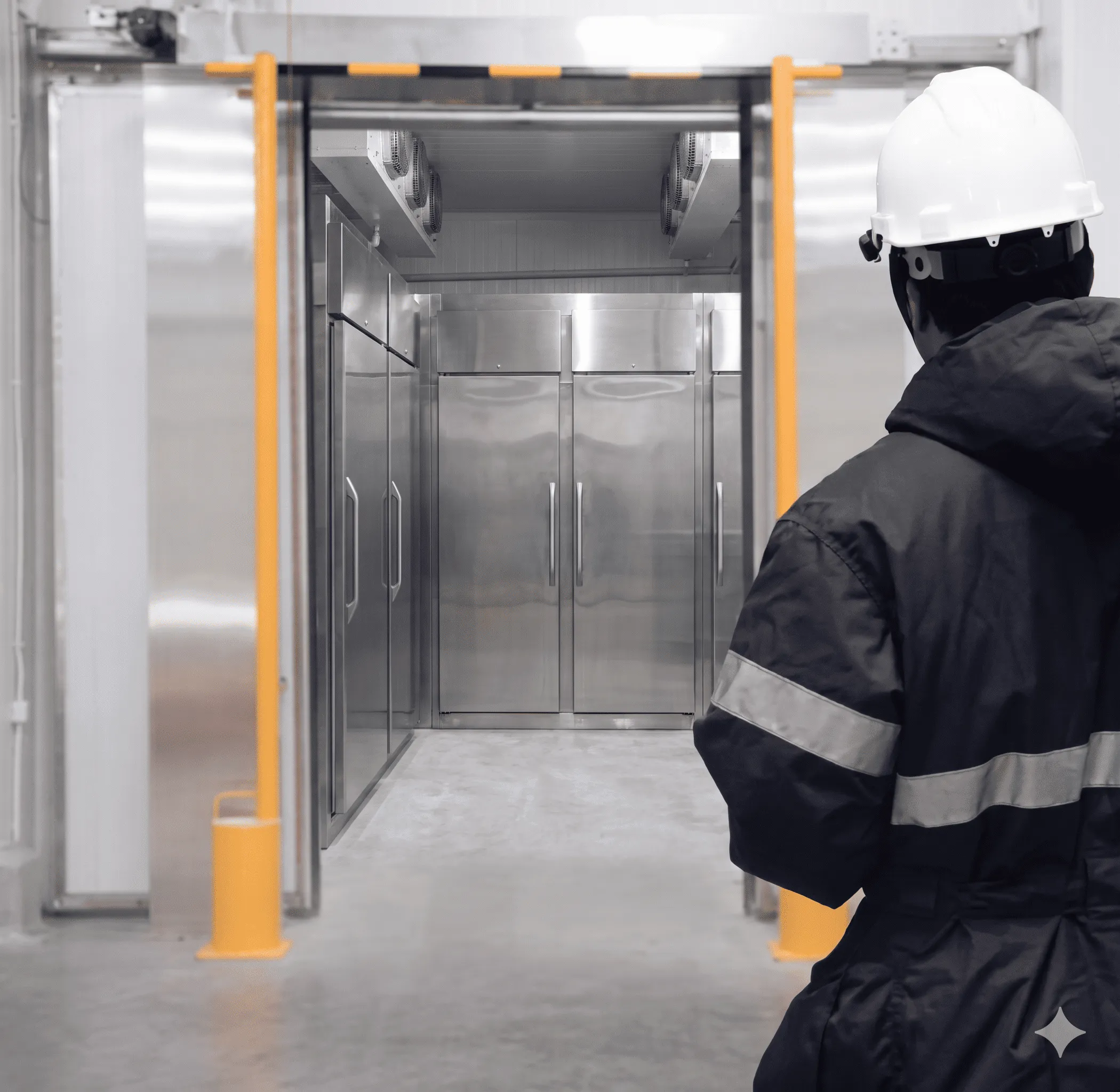 Worker in hard hat inspects industrial walk-in cold storage with stainless steel doors.
