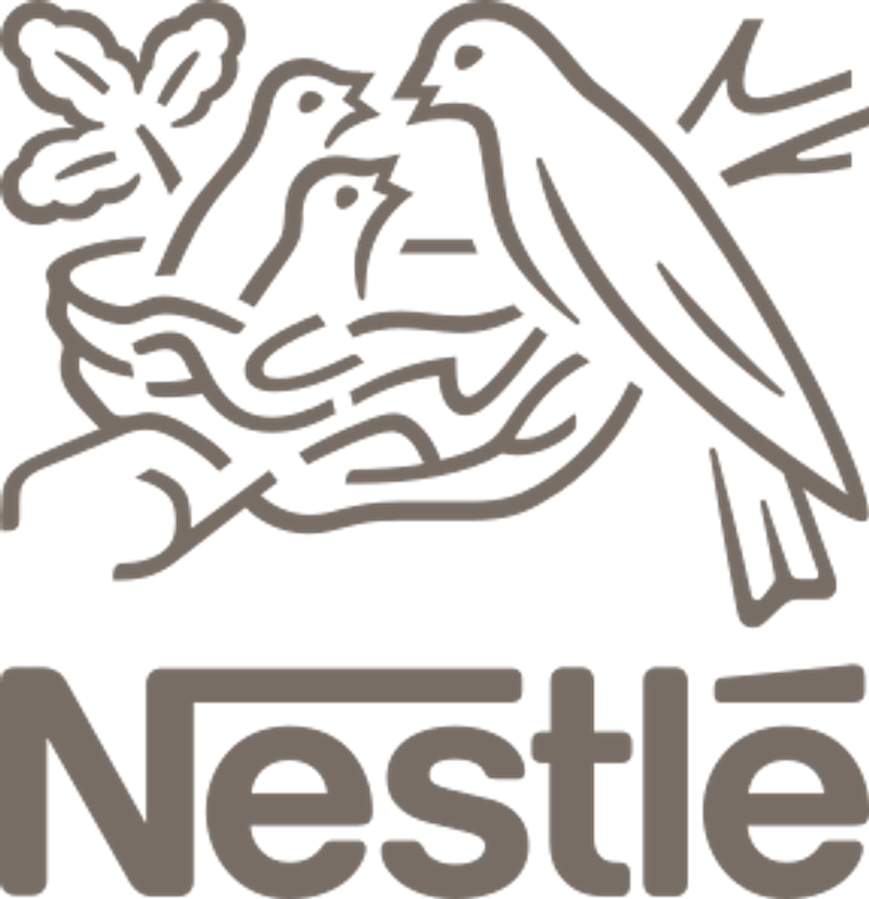 Nestlé logo featuring a bird feeding two baby birds in a nest with a branch and leaf.