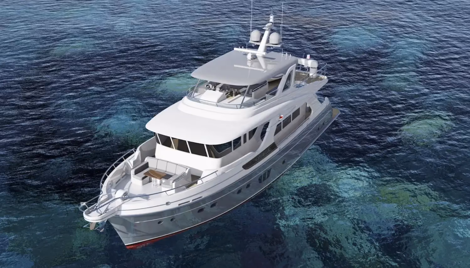 Yacht cruising on a long-range expedition vessel with spacious outdoor seating and advanced navigation systems for extended ocean travel.