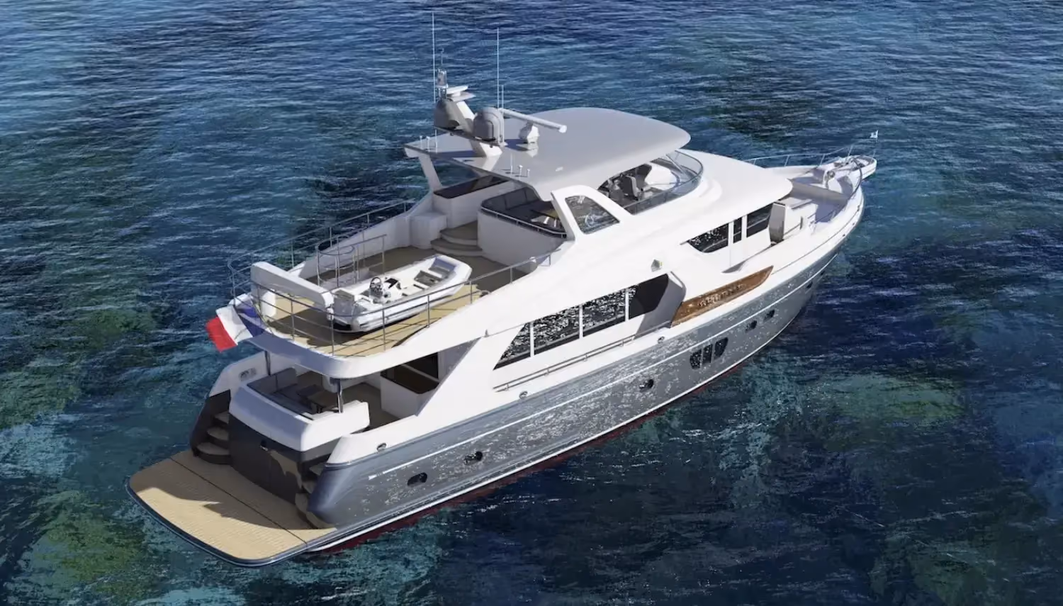 Open sea yacht with a sleek modern design, multiple decks, and a tender boat, floating above crystal-clear blue waters.