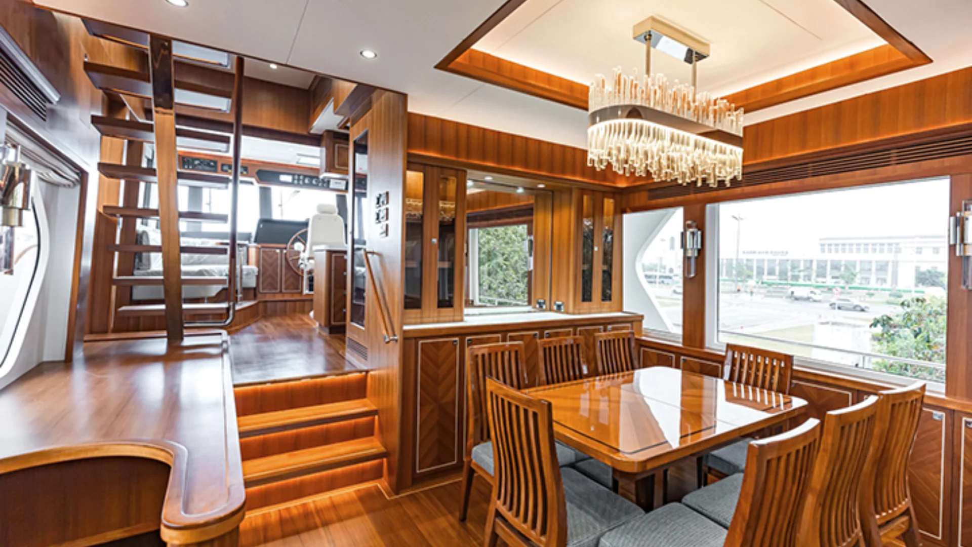 72 ocean luxurious yacht wooden interior dining chandelier