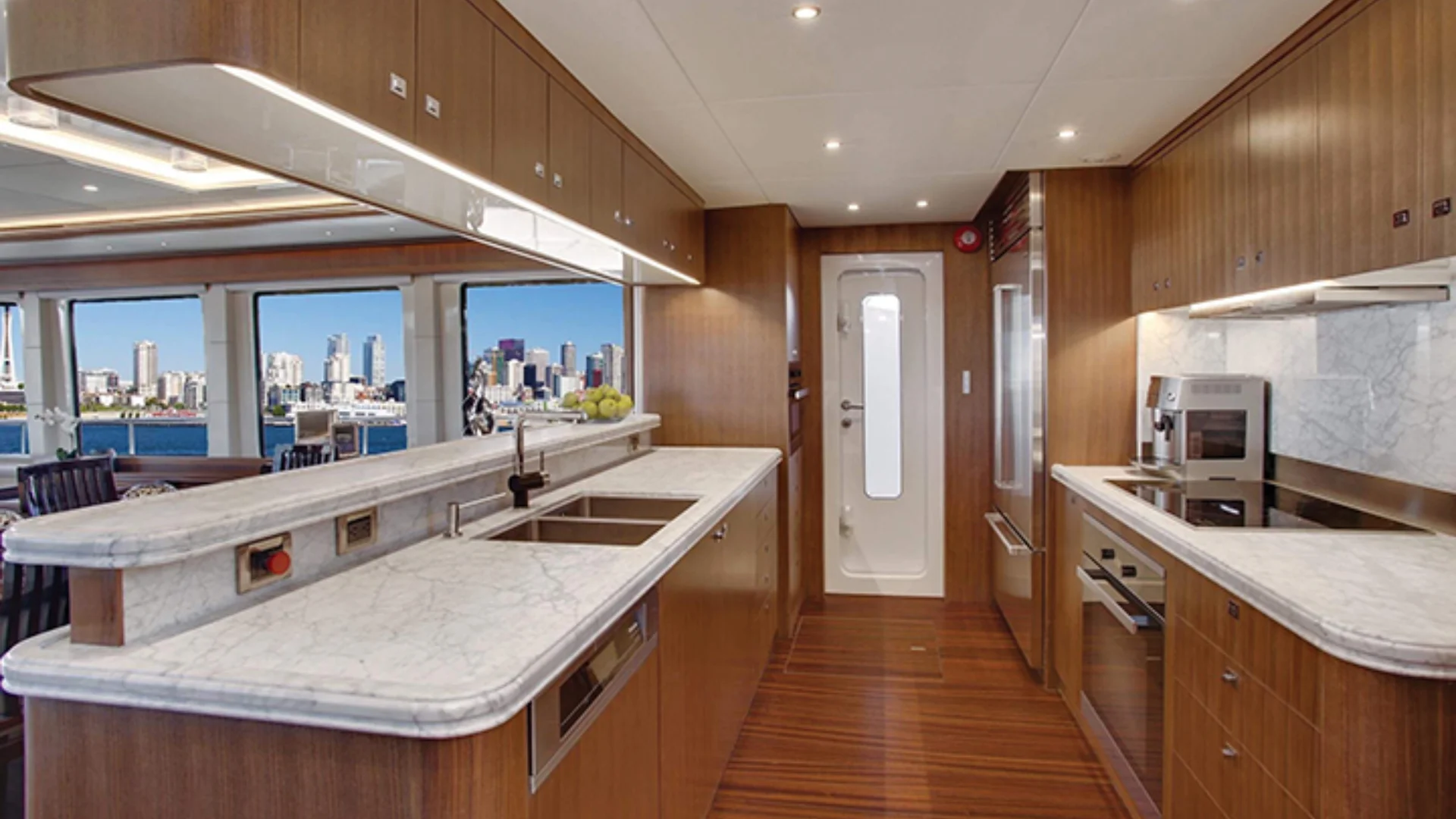 92 ocean explorer luxury yacht kitchen city view through windows