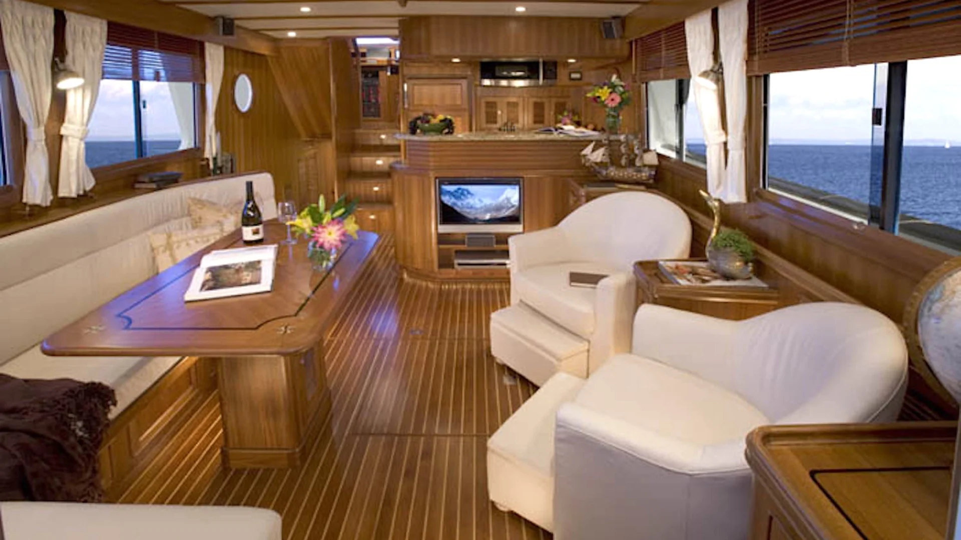 49 classic luxurious yacht interior wood panels white sofas seaview