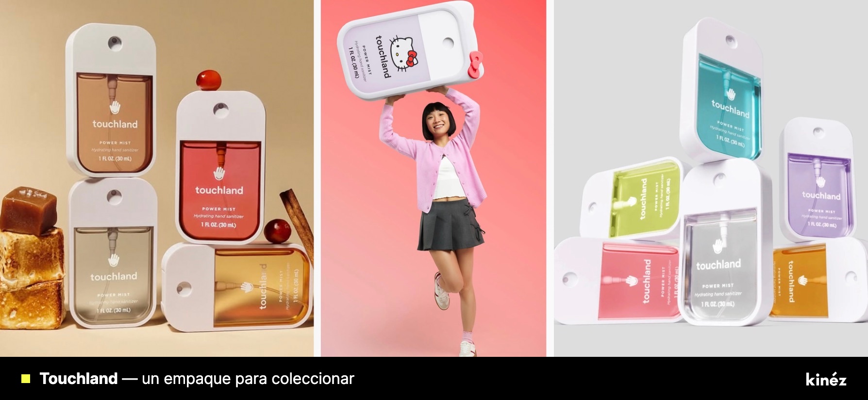 Sanitizantes de manos Touchland en varios colores y edición especial de Hello Kitty: empaque que invita a coleccionar