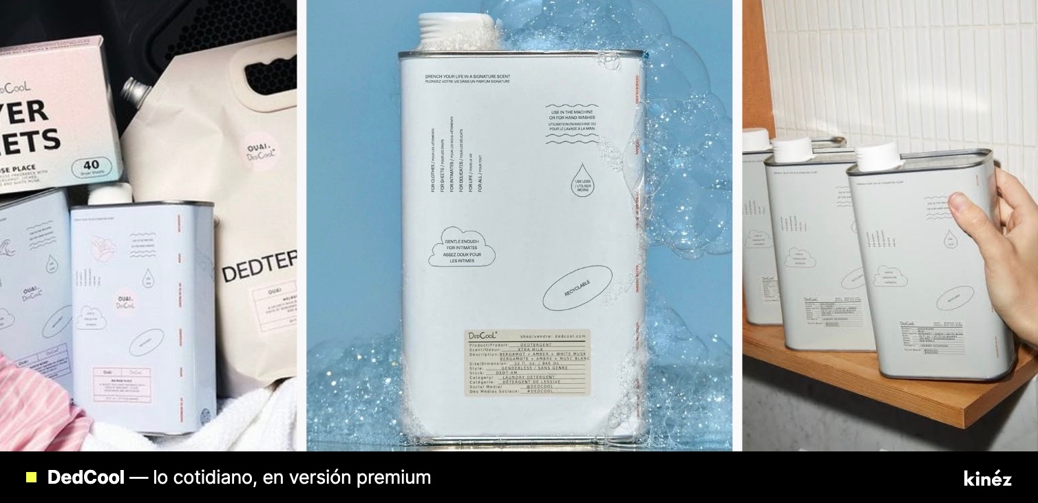 Detergente DedCool en latas minimalistas inspiradas en perfumería, diseñadas para quedar a la vista en la lavandería