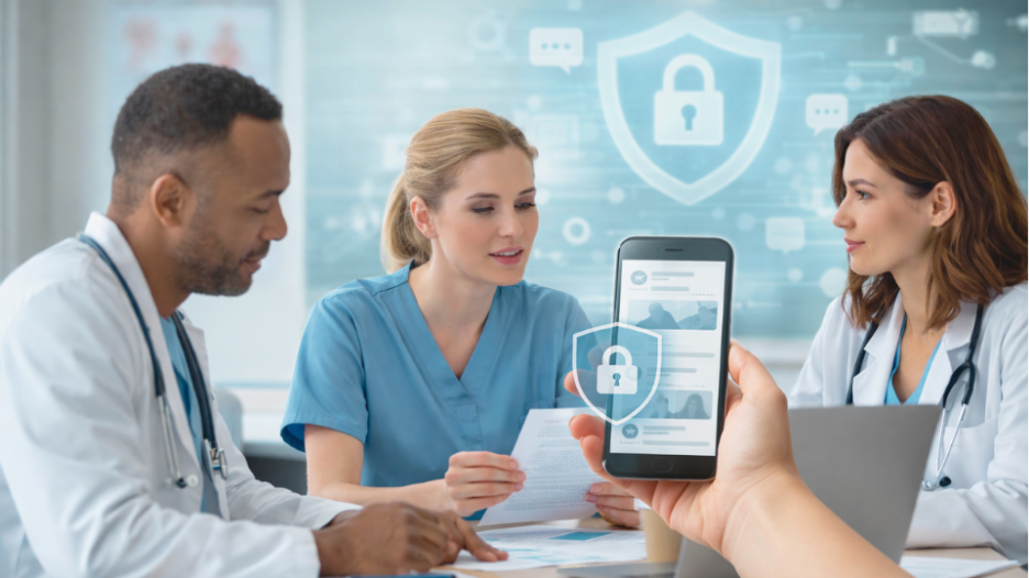 Medical professionals reviewing social media content with a focus on HIPAA compliance and data security 