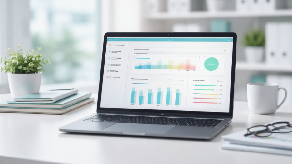 Medical office laptop displaying compliance dashboard and training checklist