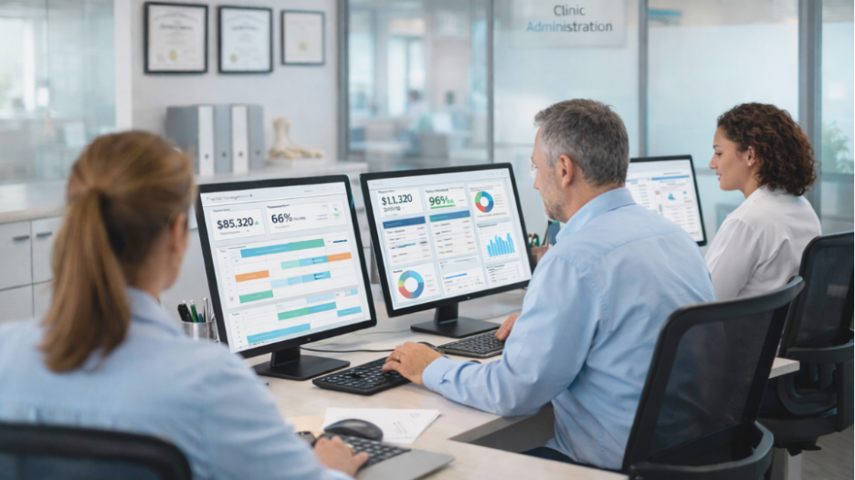 Clinic team using practice management software at front desk