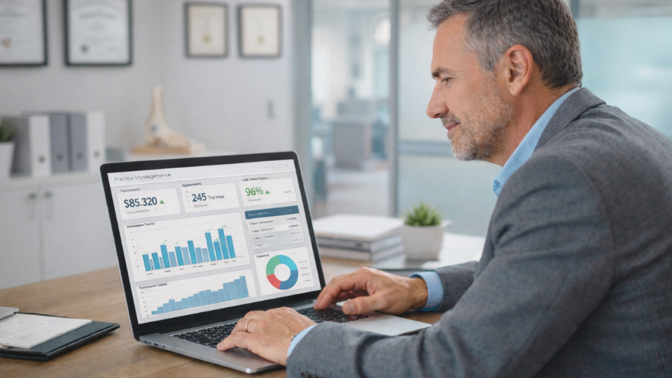 Clinic owner reviewing practice management software dashboard and analytics