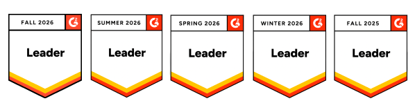 Five G2 Leader badges arranged horizontally in descending order from Fall 2026 on the left to Fall 2025 on the right, each with a red G2 logo in the top right corner and the word 'Leader' in bold black text below the season and year.