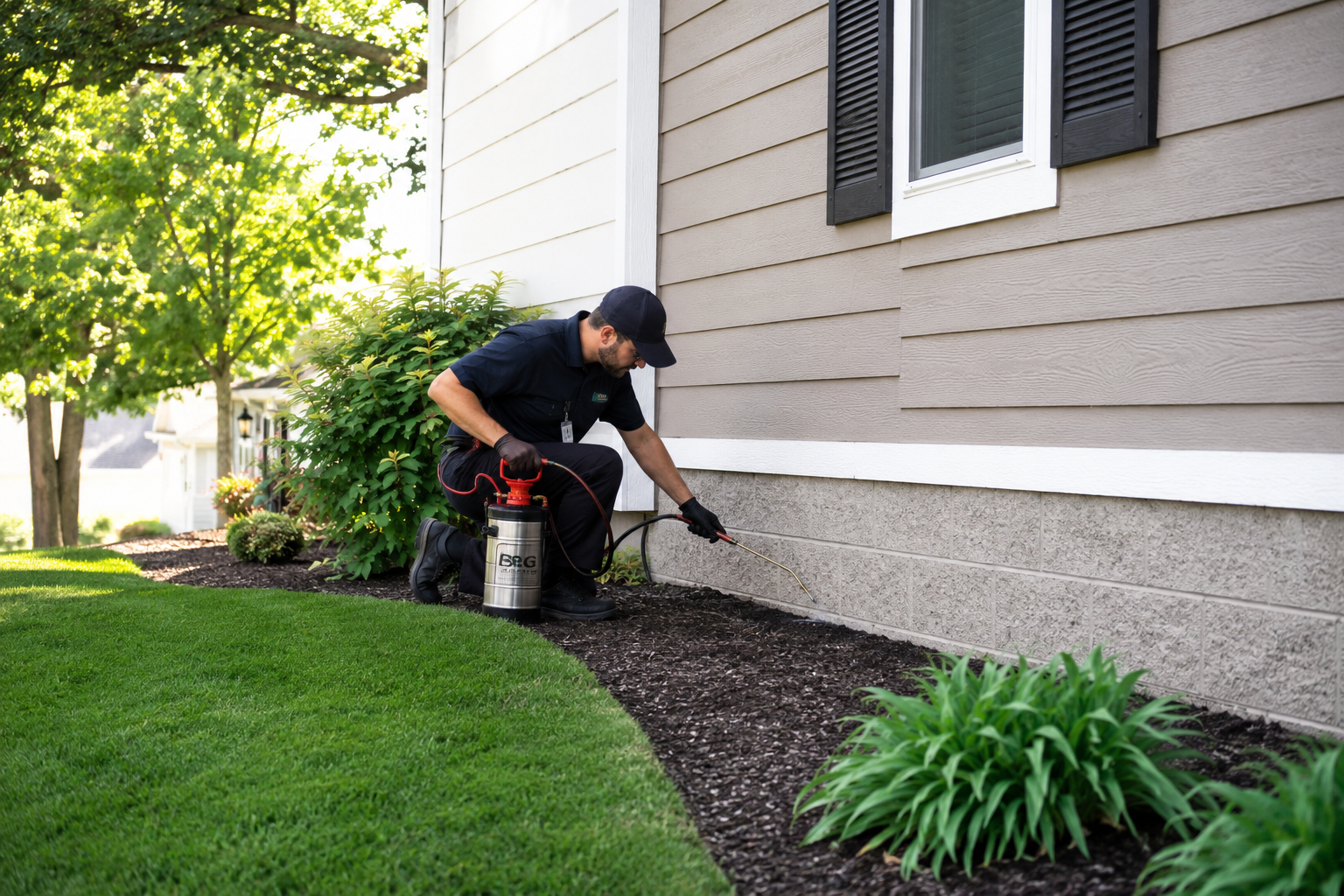 a technician applying perimeter pest control