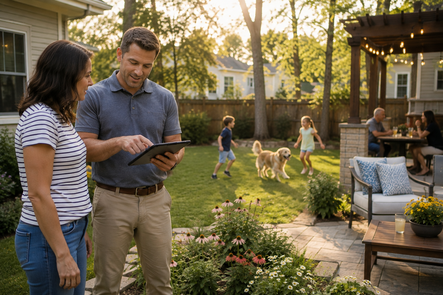 Man showing a homeowner information on a tablet while children and a dog play in the backyard