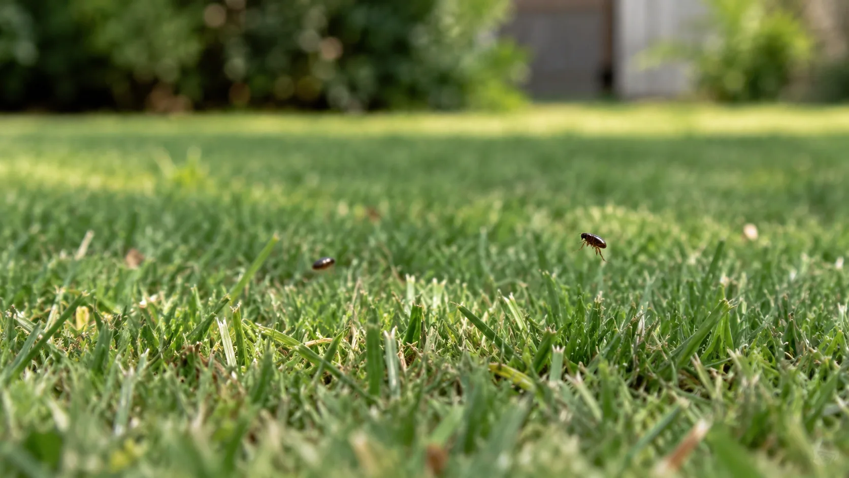 Close-up of fleas jumping in the grass of a shaded backyard lawn