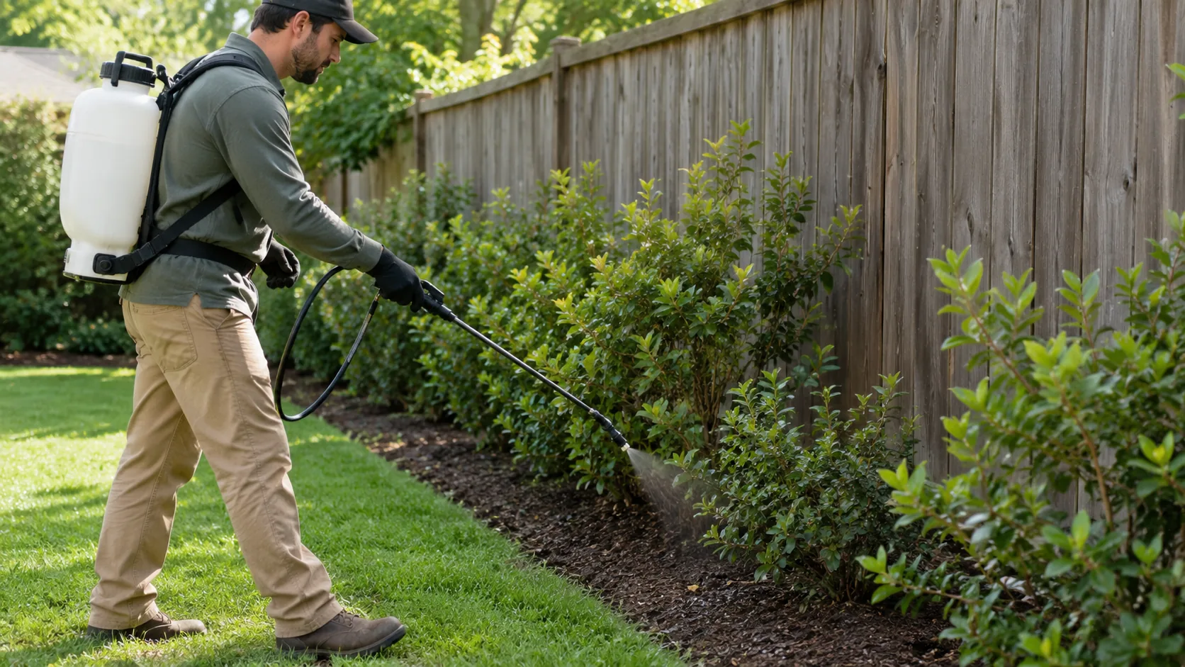 Technician spraying a perimeter barrier treatment along a fence line and shrub bed to control fleas and ticks