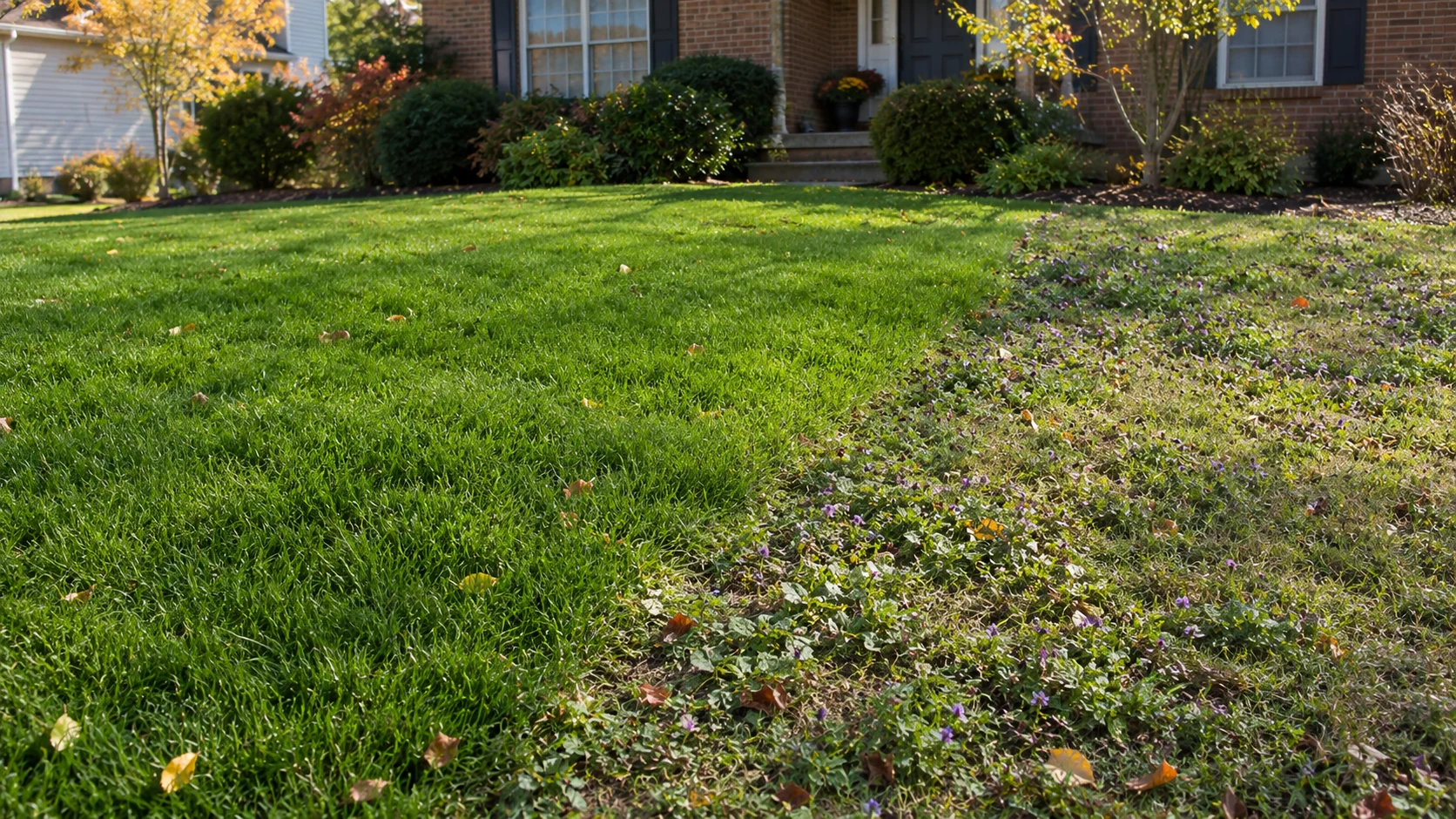 Side-by-side lawns in fall: healthy green turf on the left and a lawn overrun with henbit and other winter weeds on the right
