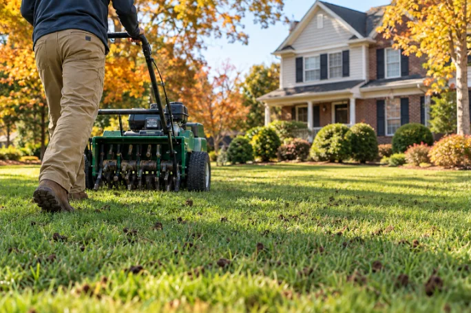 A technician pushing a green core aerator across a fescue lawn in front of a brick home with fall foliage