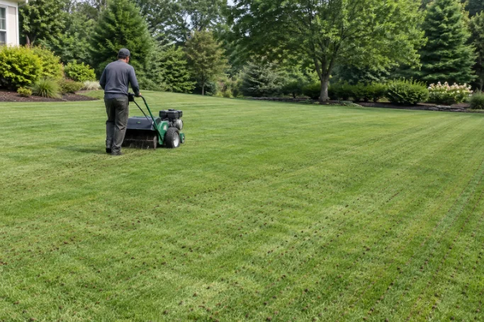 A technician aerating a large green lawn with a walk-behind aerator, leaving rows of small holes across the turf