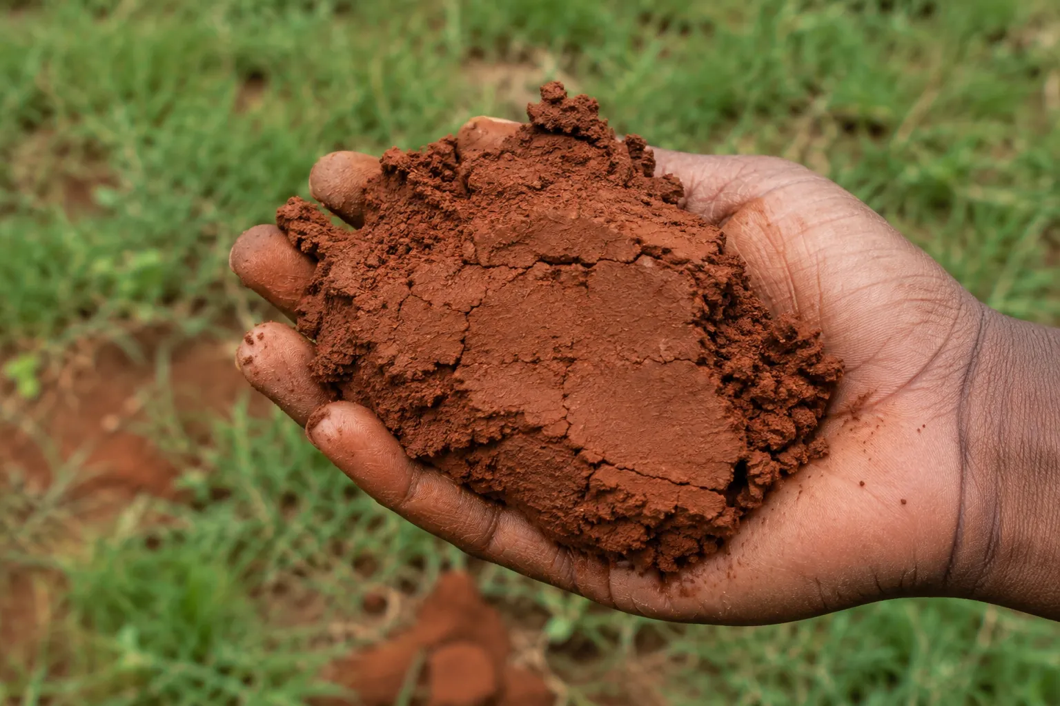 A hand holding a clump of compacted red clay soil over a patchy lawn