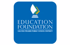 Education Foundation logo with blue background and stylized book or leaf design