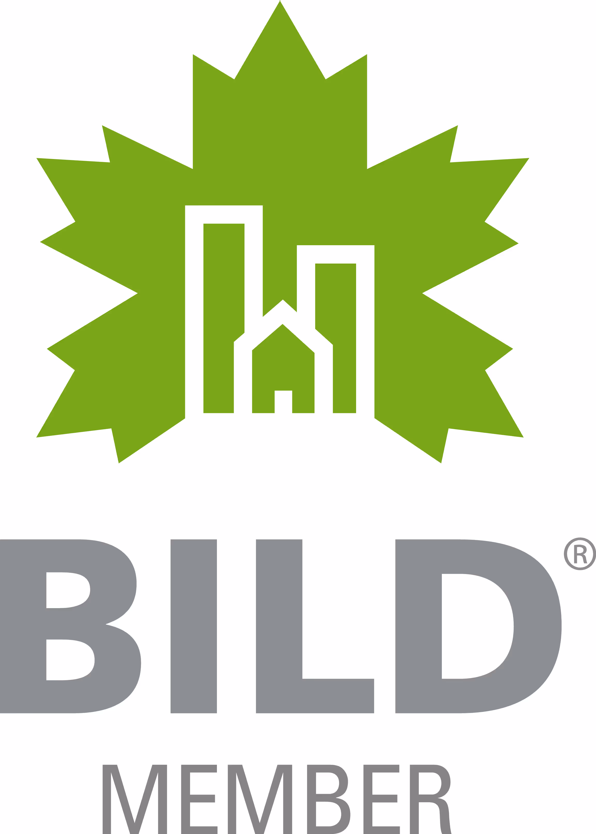 Green maple leaf BILD member logo with stylized buildings
