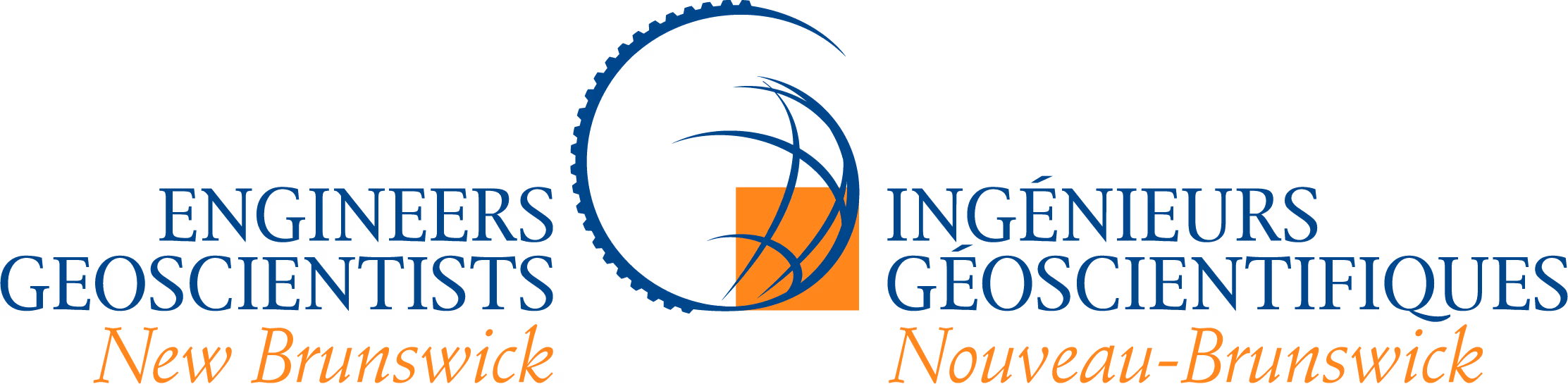 Engineers Geoscientists New Brunswick bilingual logo with gear and globe