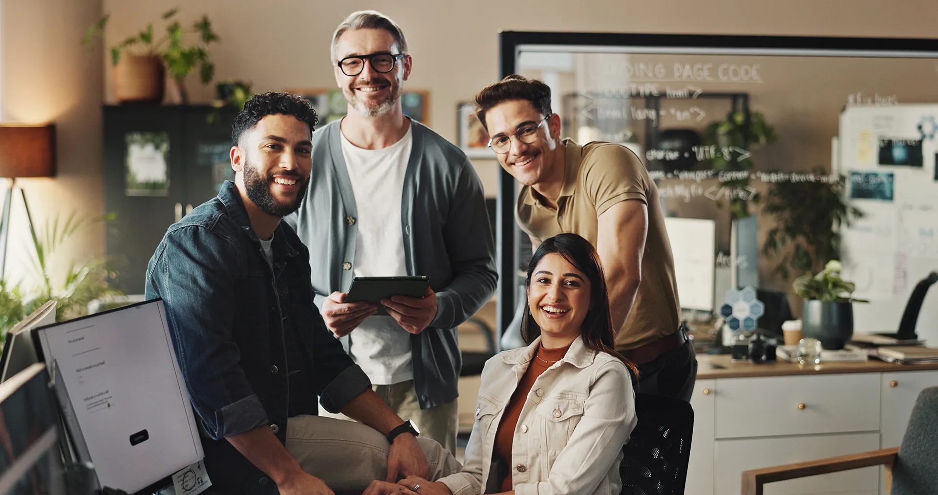 Diverse tech team smiling together in modern office workspace