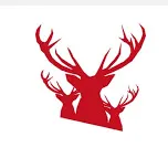 Red silhouette of a stag head with large antlers against white background
