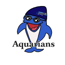 Blue cartoon dolphin mascot with glasses wearing Aquarians hat