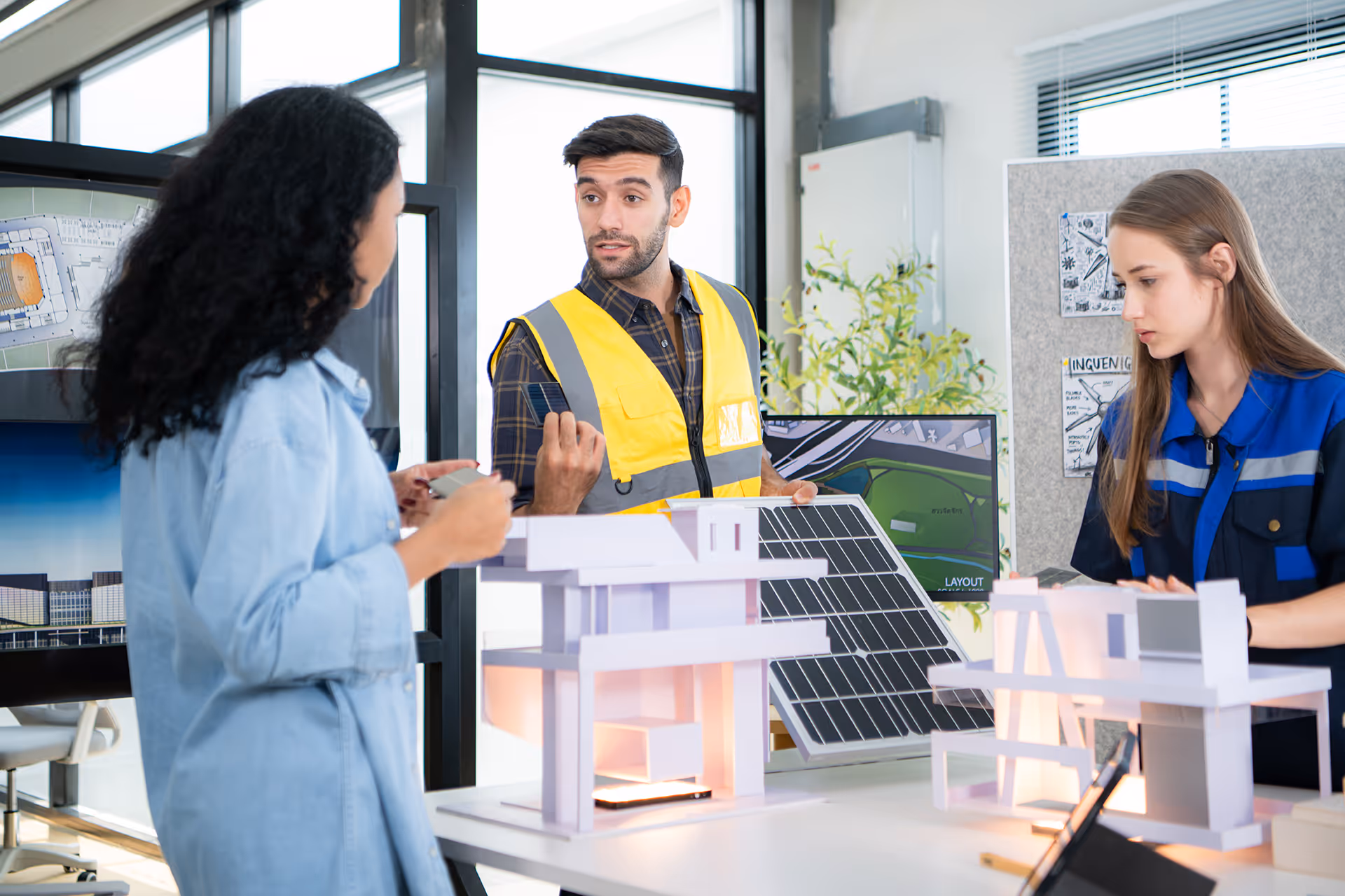 Engineers discussing solar panel building model in modern office