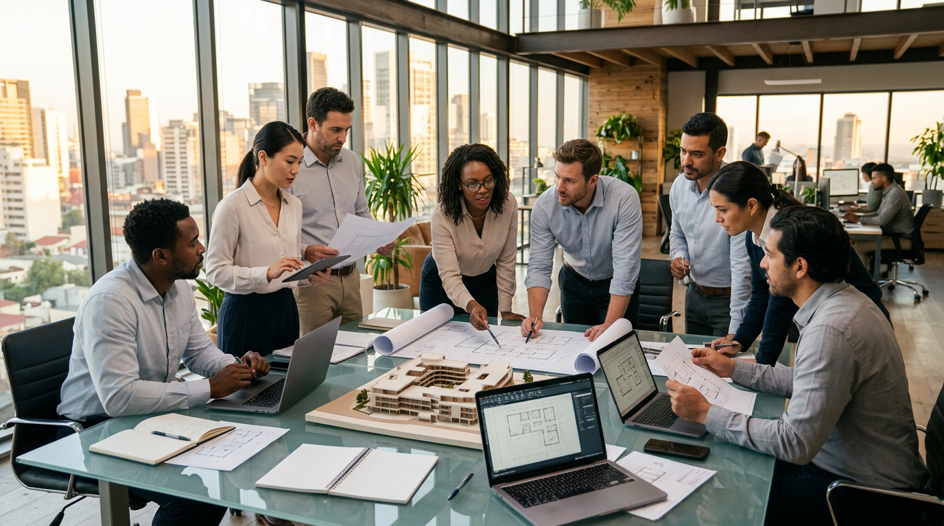 Design team collaborates on Engineering Works with architectural blueprints in modern office