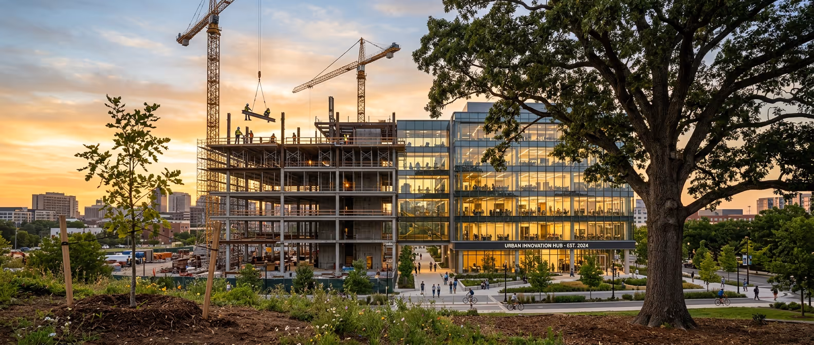 Engineering Design Works: modern building construction with cranes at sunset cityscape