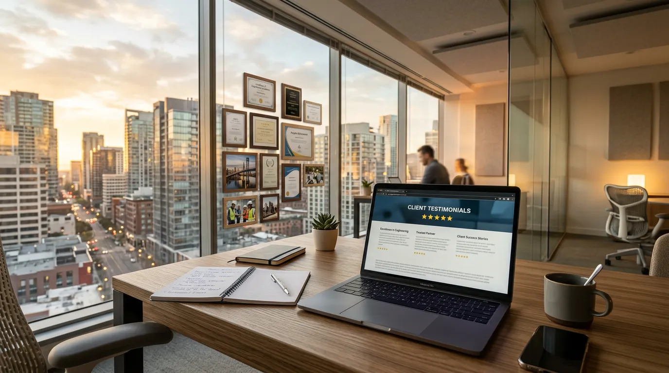 Modern office workspace displaying Design, Engineering Works with client testimonials on laptop screen overlooking cityscape.