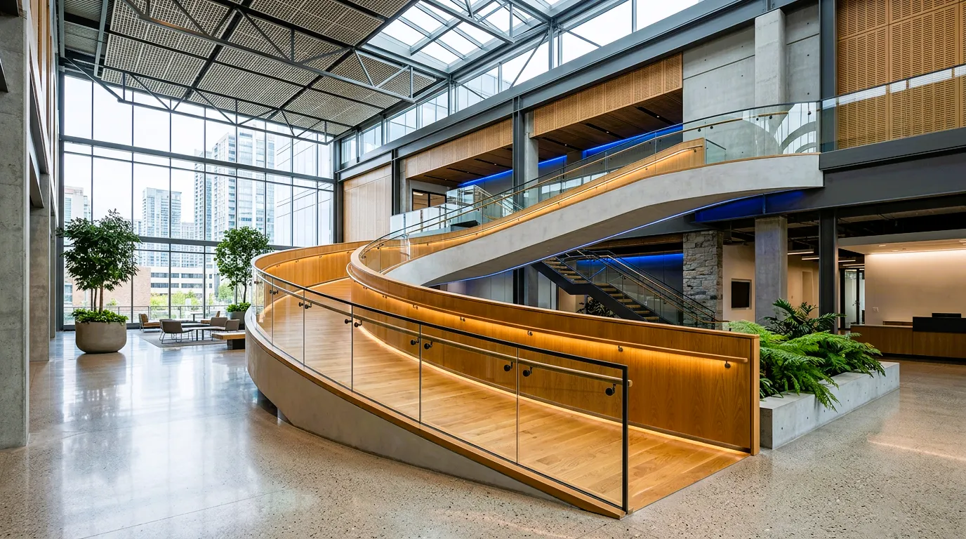 Modern architectural Design Works showcasing curved wooden staircase and Engineering in contemporary atrium.