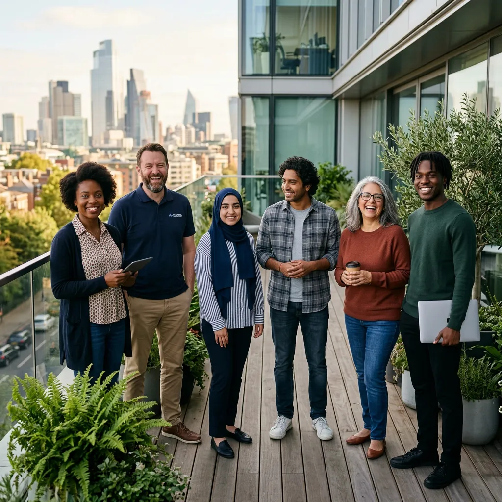 Design and Engineering team works together on rooftop with cityscape background