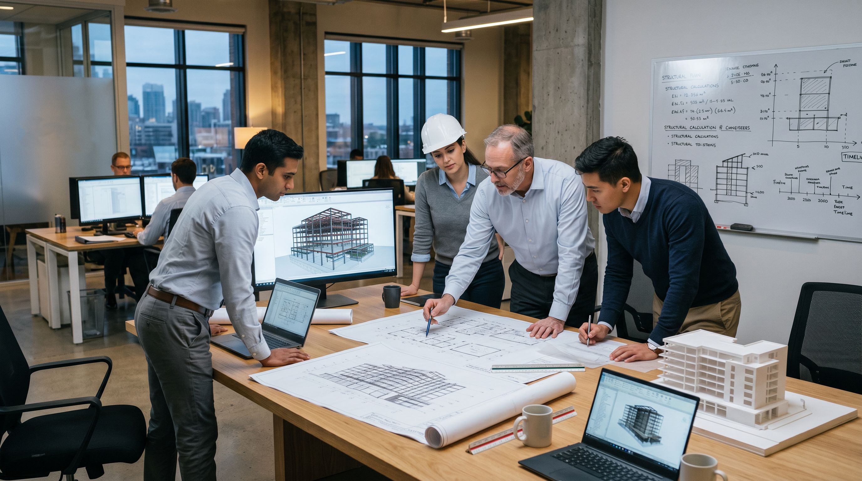 Engineering team reviews architectural design works and blueprints in modern office.