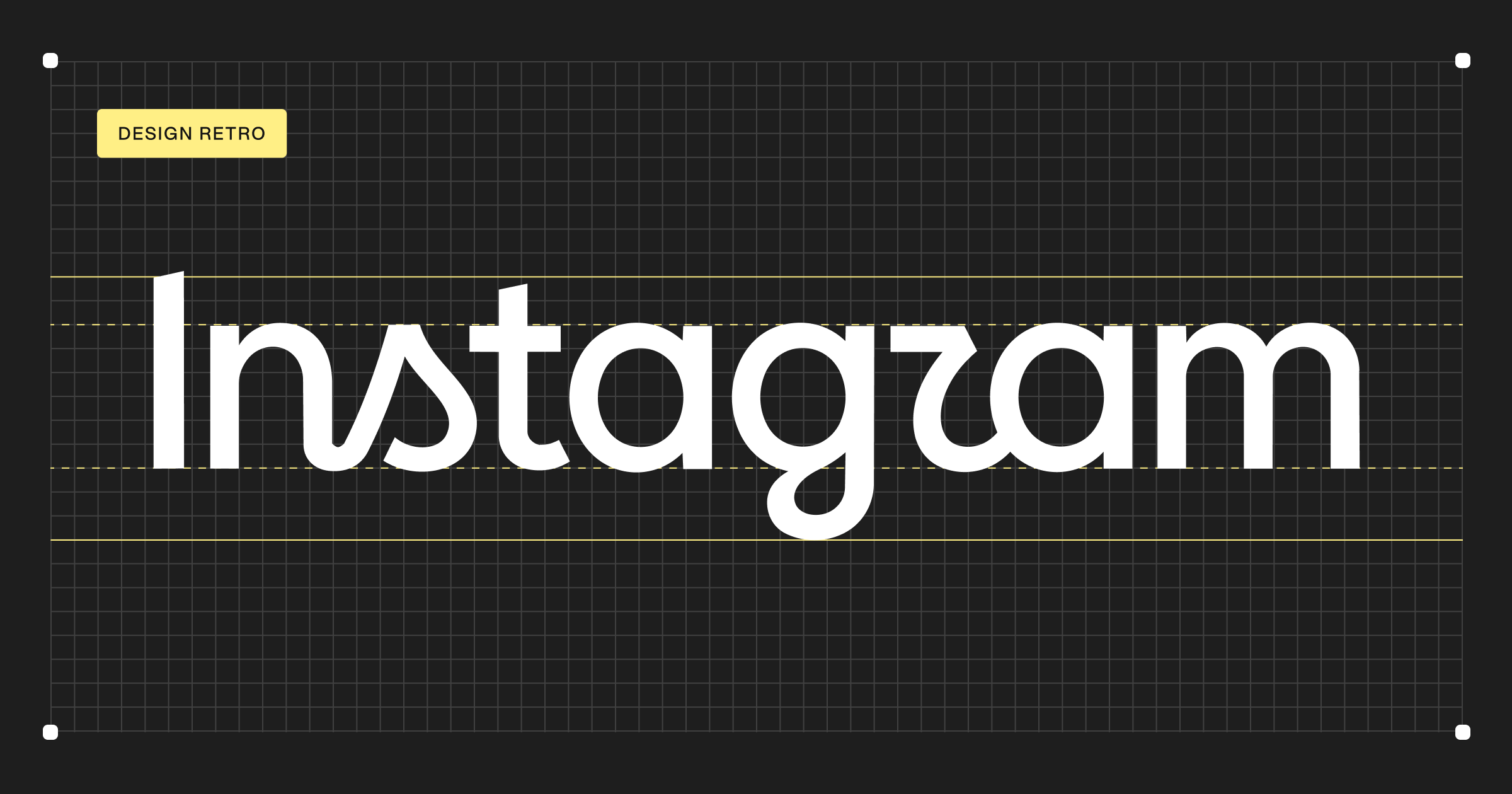 Instagram's new wordmark in white script on a dark grid with typography guidelines and a yellow Design retro tag