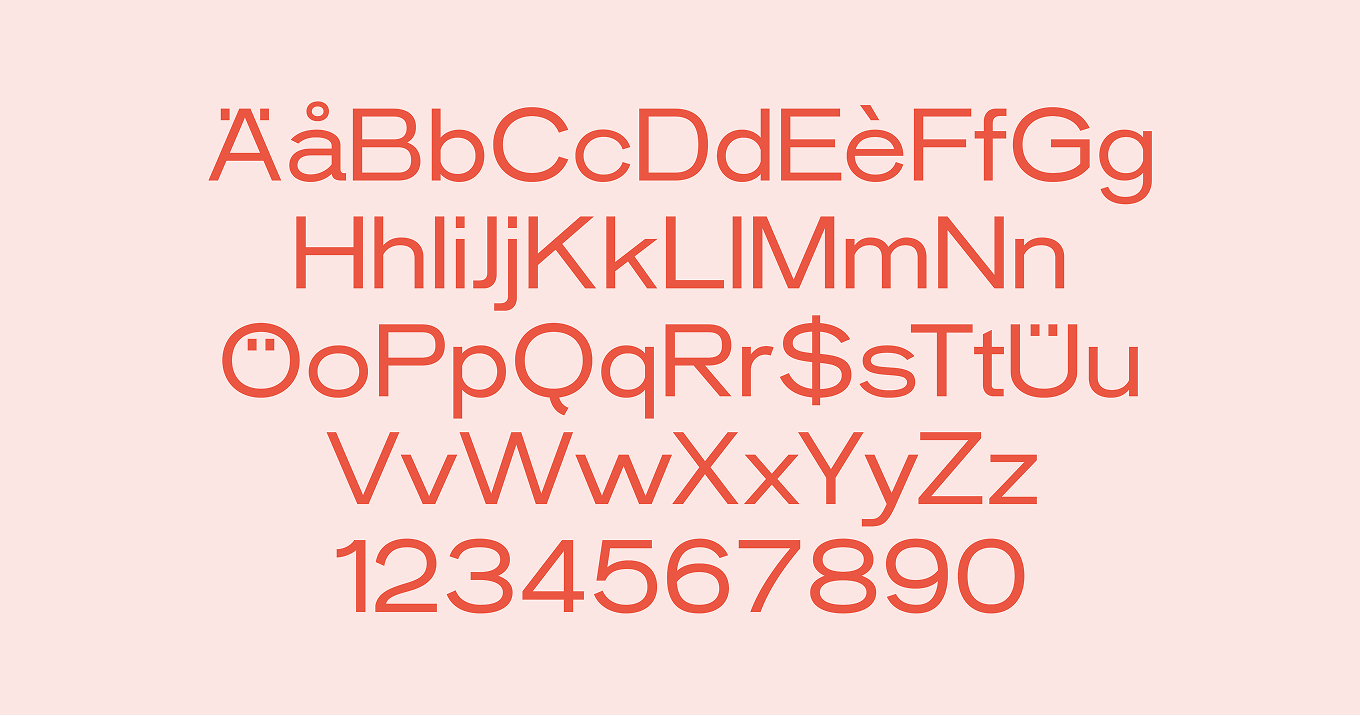 Type specimen of the DelightX Sans typeface in coral on a pale pink background, showing letters and numerals